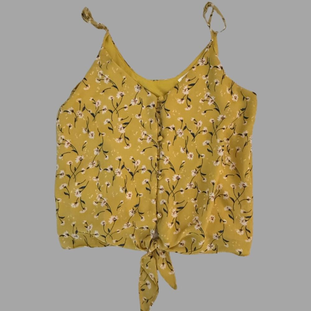 Sienna Sky Yellow Floral Button Front Tie Hem Tank Top XS Boho Summer
